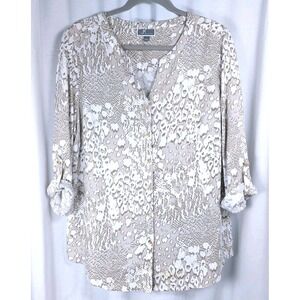 JM Collection Animal Print Button Up Top‎ Linen Womens Sz L 3/4 Sleeve *READ
